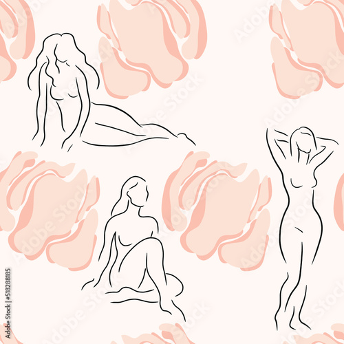 Hand drawn floral seamless pattern with women's silhouettes. Organic tender illustration.