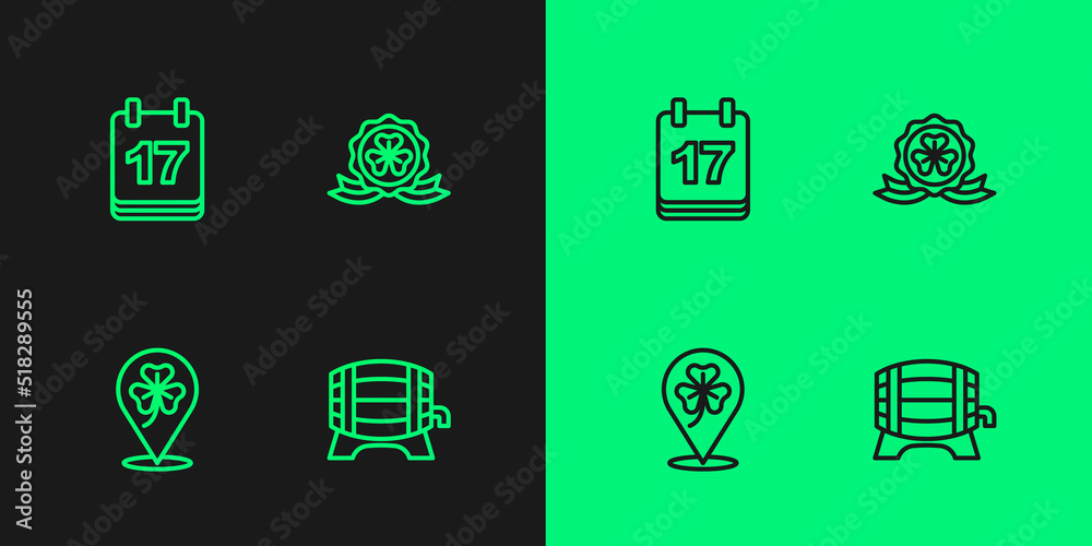 Set line Wooden barrel on rack, Clover trefoil leaf, Saint Patricks day with calendar and Medal clover icon. Vector Set line Wooden barrel on rack, Clover trefoil leaf, Saint Patricks day with calendar and Medal clover icon. Vector