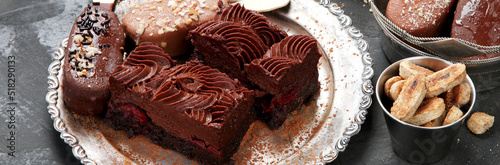 Chocolate desserts on dark background.