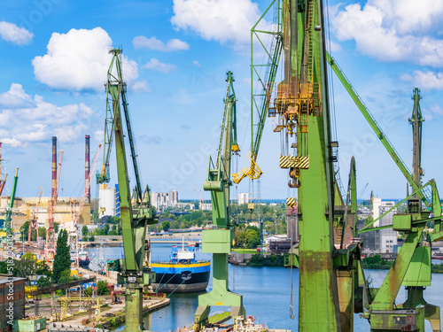 Cranes in Gdansk shipyard, aerial landscape