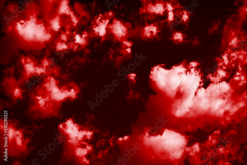 Black red white sky with clouds background for design. Unusual. Contrast. Glow in the night sky. Fantasy concept. Valentine, halloween.