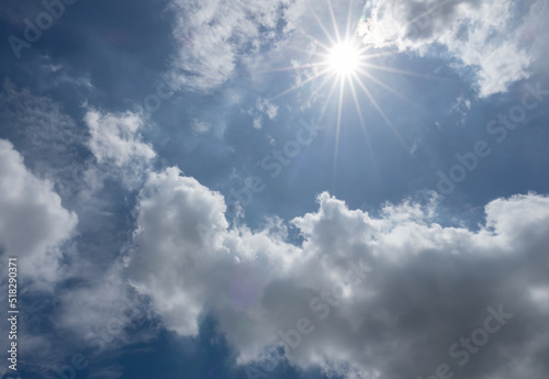 Blue sky white cloud. Outdoor cloudscape beautiful aerial view clear space day nature scenic background. Bright skyline high air fluffy environment. Horizontal sunlight scenery wallpaper background.