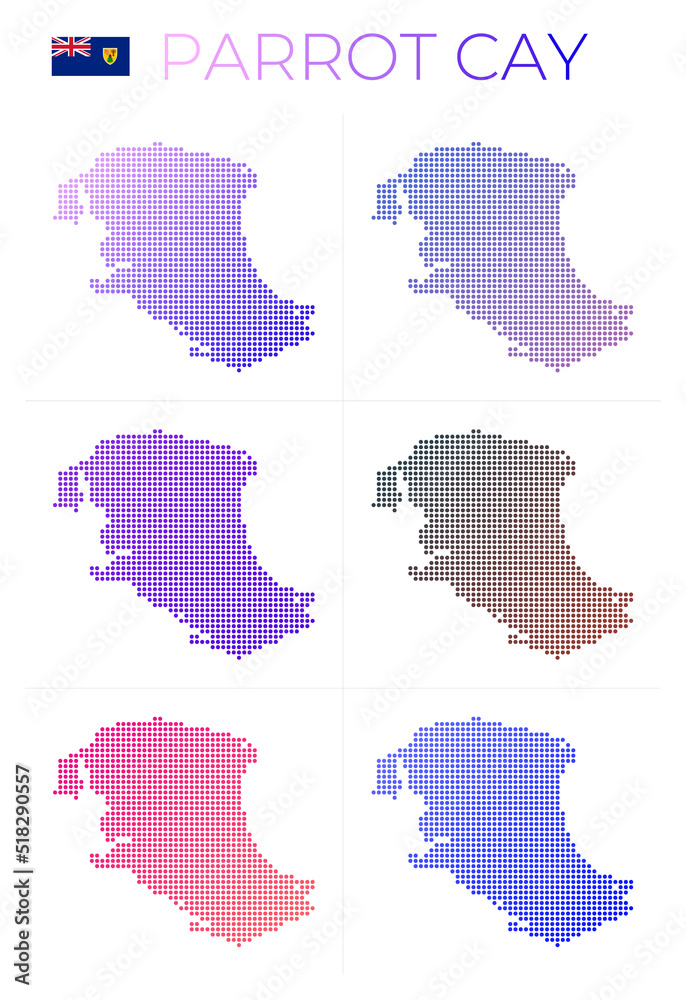 Parrot Cay dotted map set. Map of Parrot Cay in dotted style. Borders of the island filled with beautiful smooth gradient circles. Artistic vector illustration.