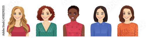 Portrait of multicultural multiethnic women with different hairstyles and outfits isolated vector illustration