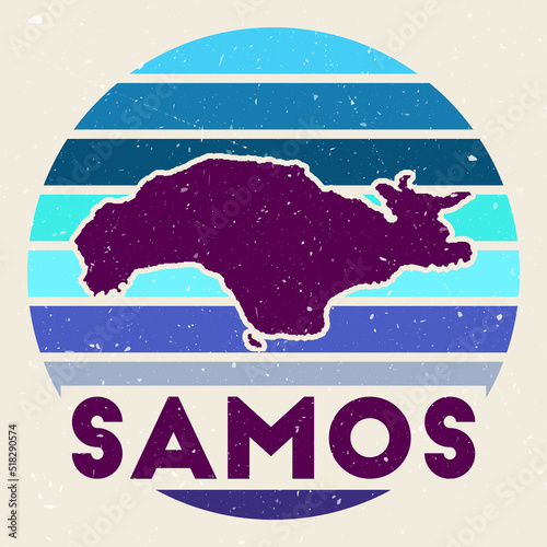 Samos logo. Sign with the map of island and colored stripes, vector illustration. Can be used as insignia, logotype, label, sticker or badge of the Samos.