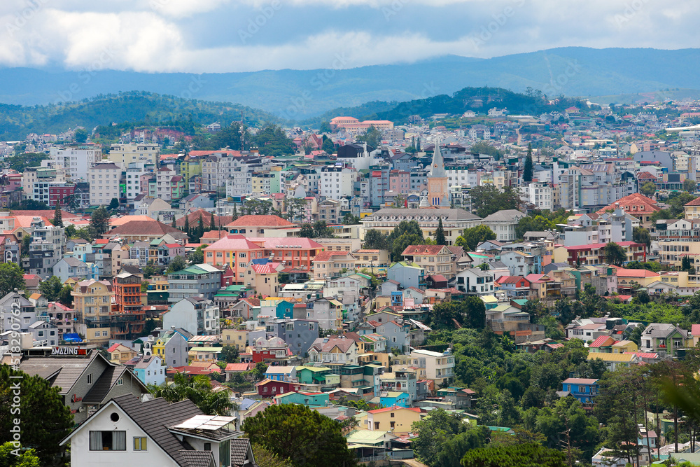 DA LAT CITY, VIETNAM - JULY 15,2022 : Landscape in the city of Da Lat city, Vietnam is a popular tourist destination. Tourist city in developed Vietnam.