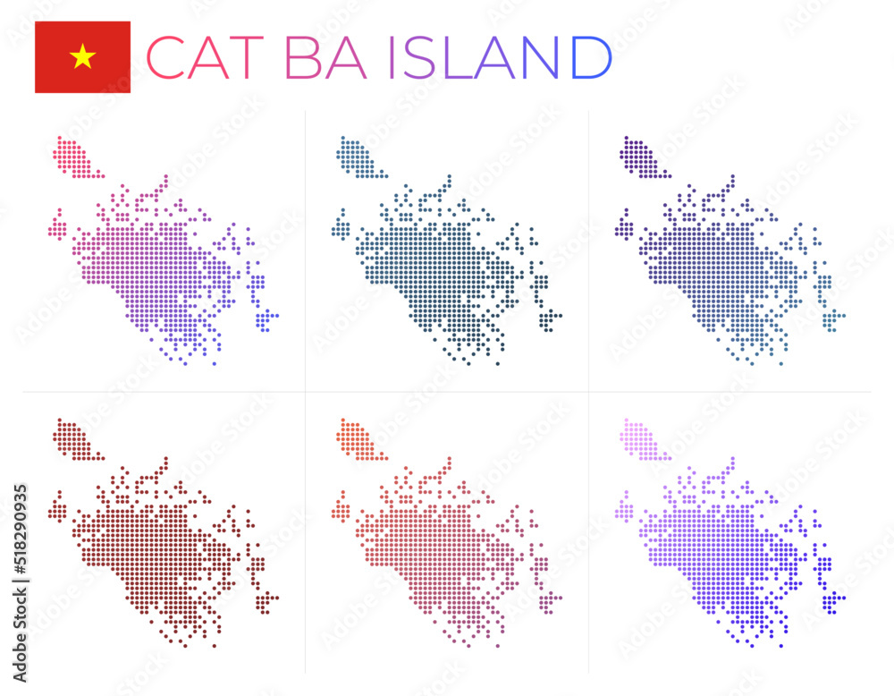 Cat Ba Island dotted map set. Map of Cat Ba Island in dotted style. Borders of the island filled with beautiful smooth gradient circles. Artistic vector illustration.