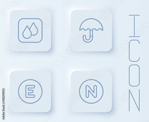 Set line Water drop, Umbrella, Compass west and north. White square button. Vector