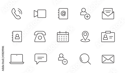 Contact, address line icon set. Mail, telephone adress, message symbol for website button. Editable stroke thin line design icon set. Vector illustration.