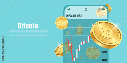 gold bitcoin with mobile on background copy space cryptocurrency technology concept