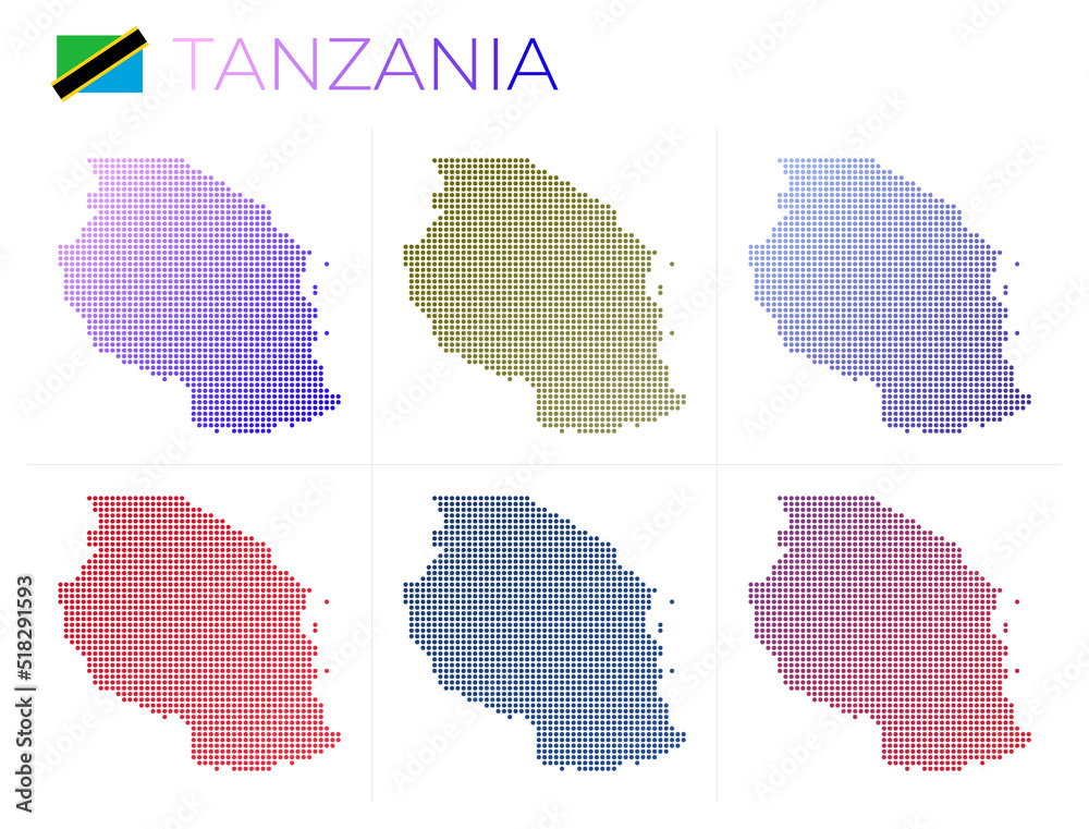 Tanzania dotted map set. Map of Tanzania in dotted style. Borders of the country filled with beautiful smooth gradient circles. Classy vector illustration.