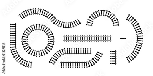 Vector illustration of curved railroad isolated on white background. Straight and curved railway train track icon set. Top view railroad train pathes. 