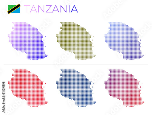 Tanzania dotted map set. Map of Tanzania in dotted style. Borders of the country filled with beautiful smooth gradient circles. Classy vector illustration.