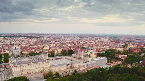 Aerial view popular tourist destination capital city of Spain Madrid large historic Royal Palace complex famous buildings and official residence of Spanish royal family main attraction for travelers