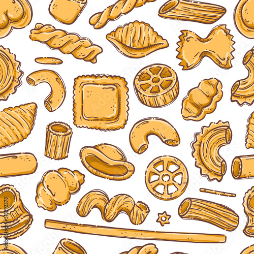 Big collection italian pasta. Different types of uncooked pasta for backgrounds, menu, stickers, cafe, restaurant, bar, shop. Seamless pattern of Italian cuisine staples.