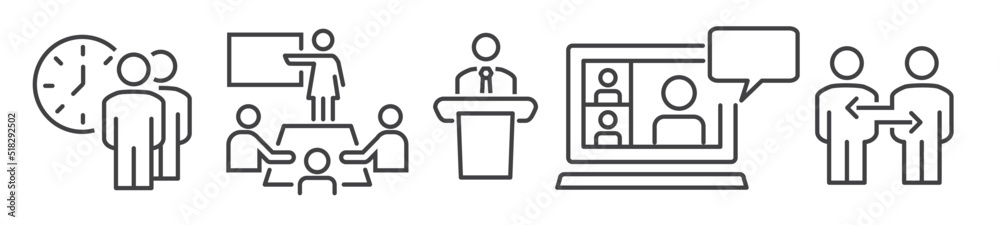 Business vector icon collection on white background - meeting, pitch, addressing a seminar, presentation, video conference, communication and exchange vector illustration set Business vector icon collection on white background - meeting, pitch, addressing a seminar, presentation, video conference, communication and exchange vector illustration set
