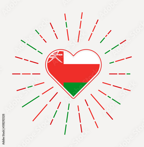 Oman heart with flag of the country. Sunburst around Oman heart sign. Vector illustration.