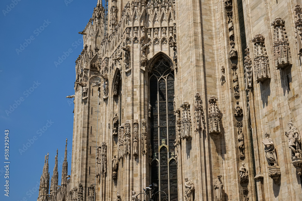 Architecture details of the landmark Milan Cathedral (Italian Duomo di Milano). Travel to Italy.