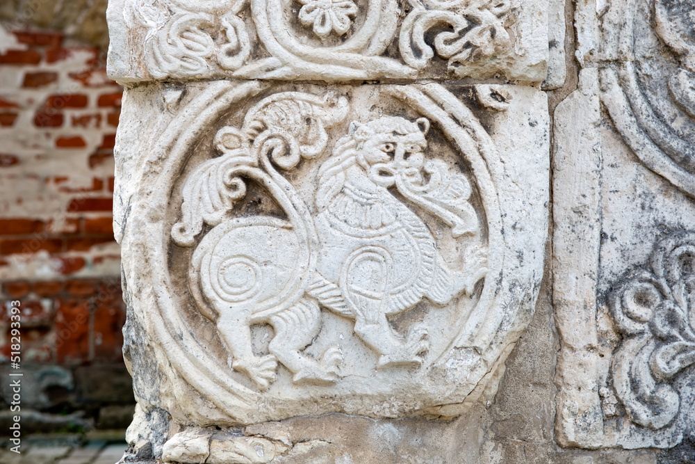 White stone carving on the walls of St. George's Cathedral. Yuryevsky Kremlin (Archangel-Mikhailovsky Yuryevsky monastery). Yuryev-Polsky town, Vladimir region, Russia