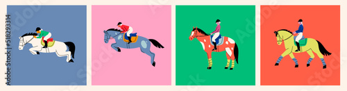 Jockey on racing Horse. Horseback riding, hippodrome racing, equestrian sport concept. Hand drawn colorful isolated Vector illustrations. Cartoon style, flat design. Logo, poster, icon design template