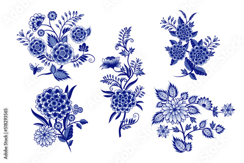 .Set of isolated blue and  white Chinese style bouquets(various flowers, leaves, twigs, curls, butterfly). Vector clipart. Isolated design objects.