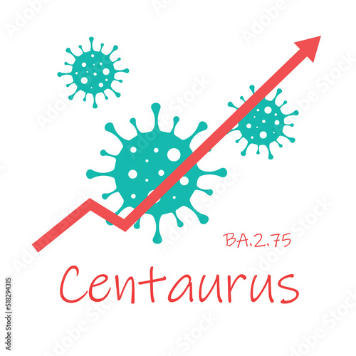Omicron sub-variant BA.2.75 also known as Centaurus. The arrow shows a dramatic increase in disease. White text on dark red background with images of coronavirus.