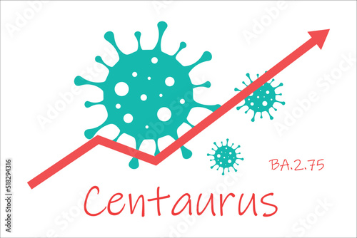Omicron sub-variant BA.2.75 also known as Centaurus. The arrow shows a dramatic increase in disease. White text on dark red background with images of coronavirus.
