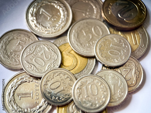 Background of Polish zloty coins in close-up. Currency of Poland