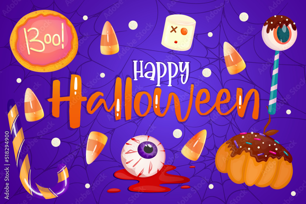 Happy Halloween banner purple with dessert, candy corn and eyeball. Cute background. Vector design. Modern concept design. Happy halloween. Web banner template.