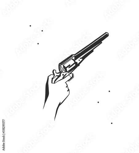 Hand drawn abstract vector graphic clipart illustration boho hand holding the gun.Western female design concept.Bohemian wild west contemporary art.Cowboy girl modern drawing.American cowgirl logo.