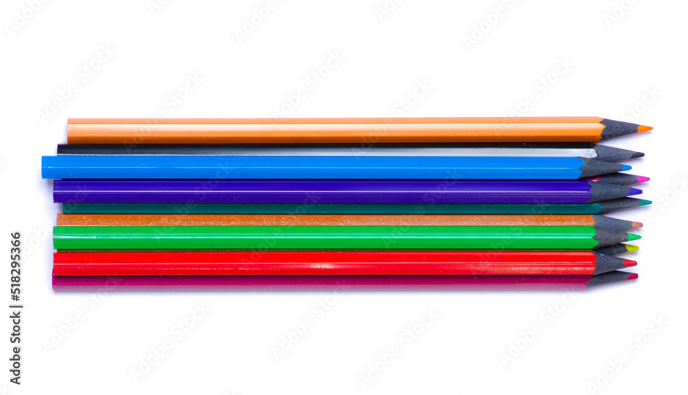 Colorful drawing pencils on white background isolation, top view Colorful drawing pencils on white background isolation, top view