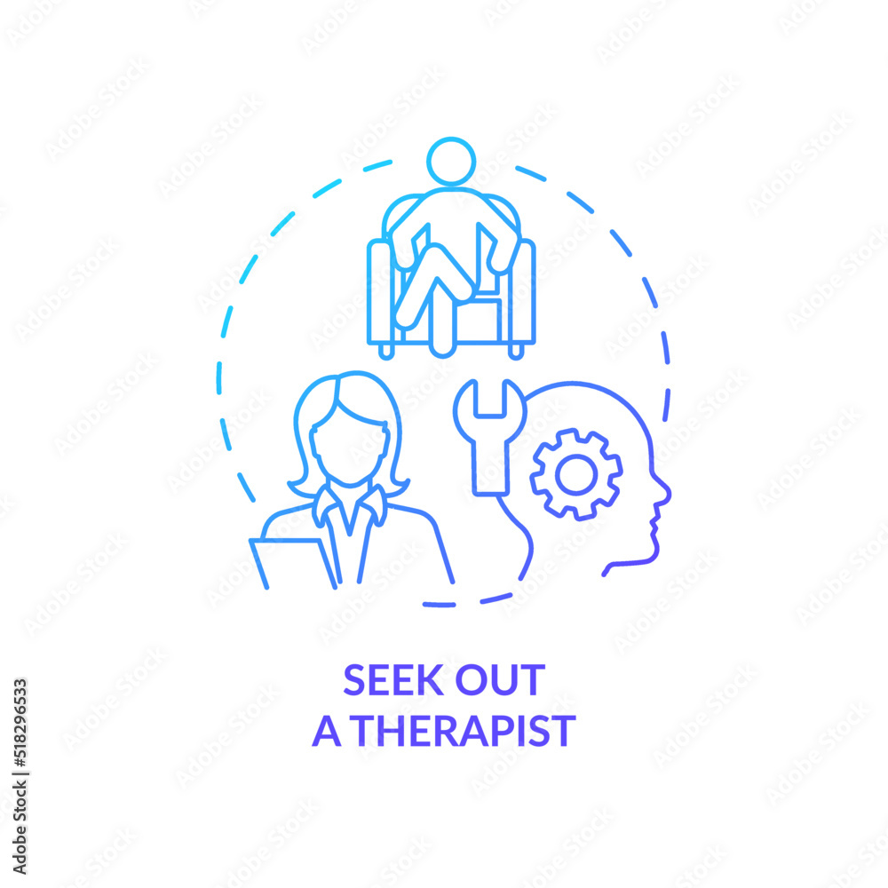 Seek out therapist blue gradient concept icon. Mental health. Strategy for emotional regulation abstract idea thin line illustration. Isolated outline drawing. Myriad Pro-Bold font used Seek out therapist blue gradient concept icon. Mental health. Strategy for emotional regulation abstract idea thin line illustration. Isolated outline drawing. Myriad Pro-Bold font used