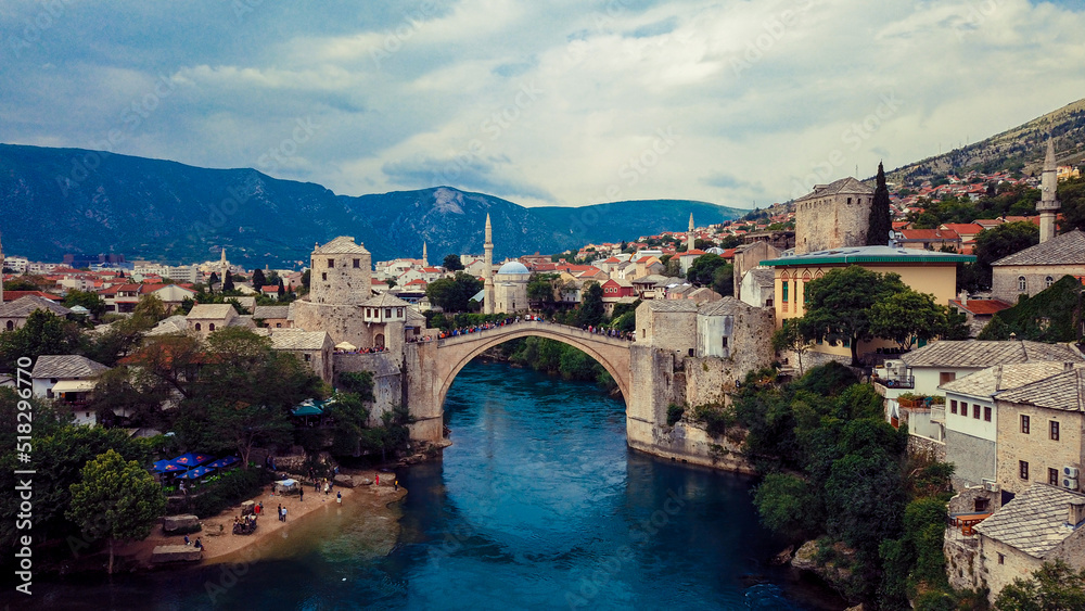Aerial View to the Old Bridge in the heart of the Old City of Mostar, Bosnia and Herzegovina