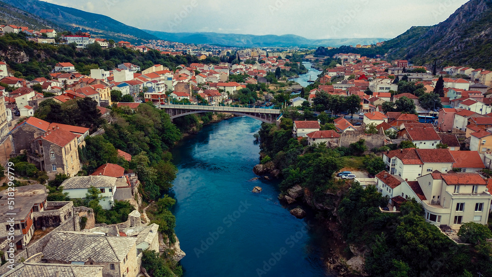 Aerial View to the Old Bridge in the heart of the Old City of Mostar, Bosnia and Herzegovina