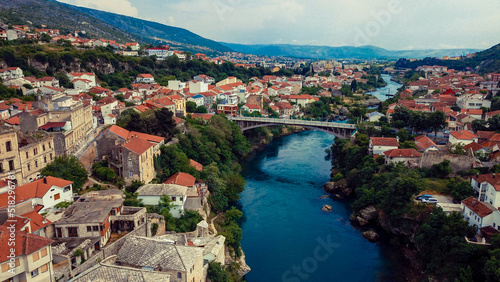 Aerial View to the Old Bridge in the heart of the Old City of Mostar  Bosnia and Herzegovina