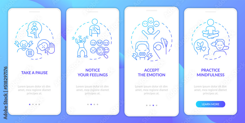 Emotional regulation skills blue gradient onboarding mobile app screen. Walkthrough 4 steps graphic instructions with linear concepts. UI, UX, GUI template. Myriad Pro-Bold, Regular fonts used