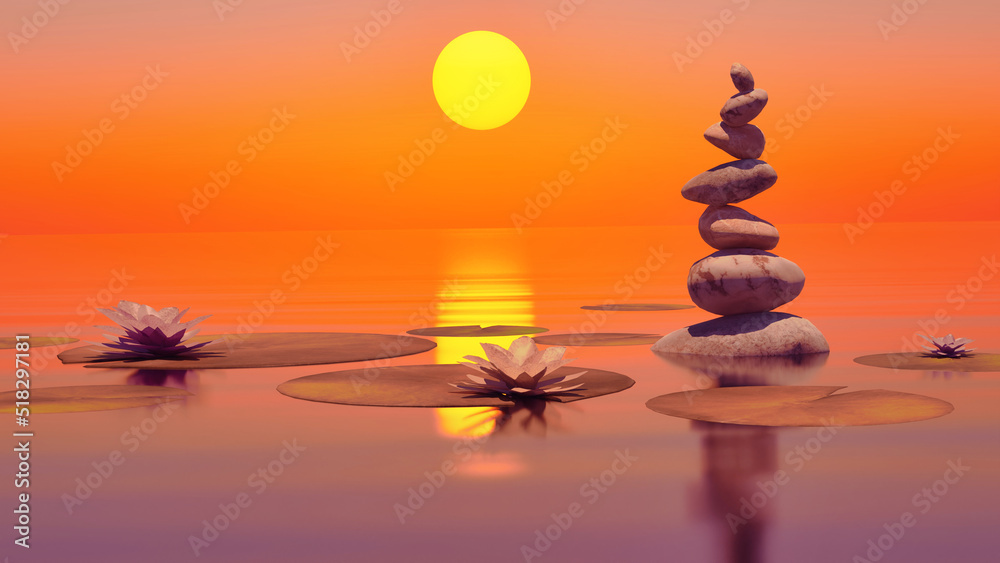 Obraz premium lotus flowers the setting sun seven stones wealth and luck. the concept of meditation and spa. yoga background. 