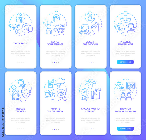 Emotional regulation blue gradient onboarding mobile app screen set. Walkthrough 4 steps graphic instructions with linear concepts. UI, UX, GUI template. Myriad Pro-Bold, Regular fonts used