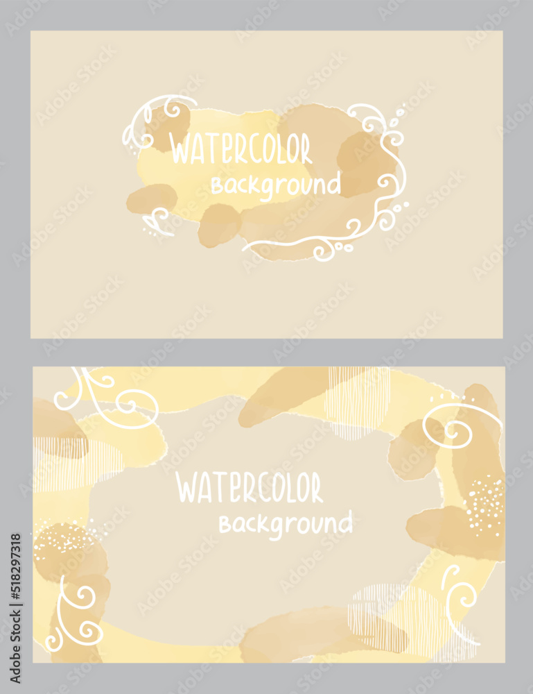 Yellow and beige watercolor splash background card template collection. Vector card