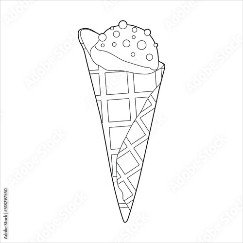 Vector image of ice cream in a waffle cone on a white background. Coloring.