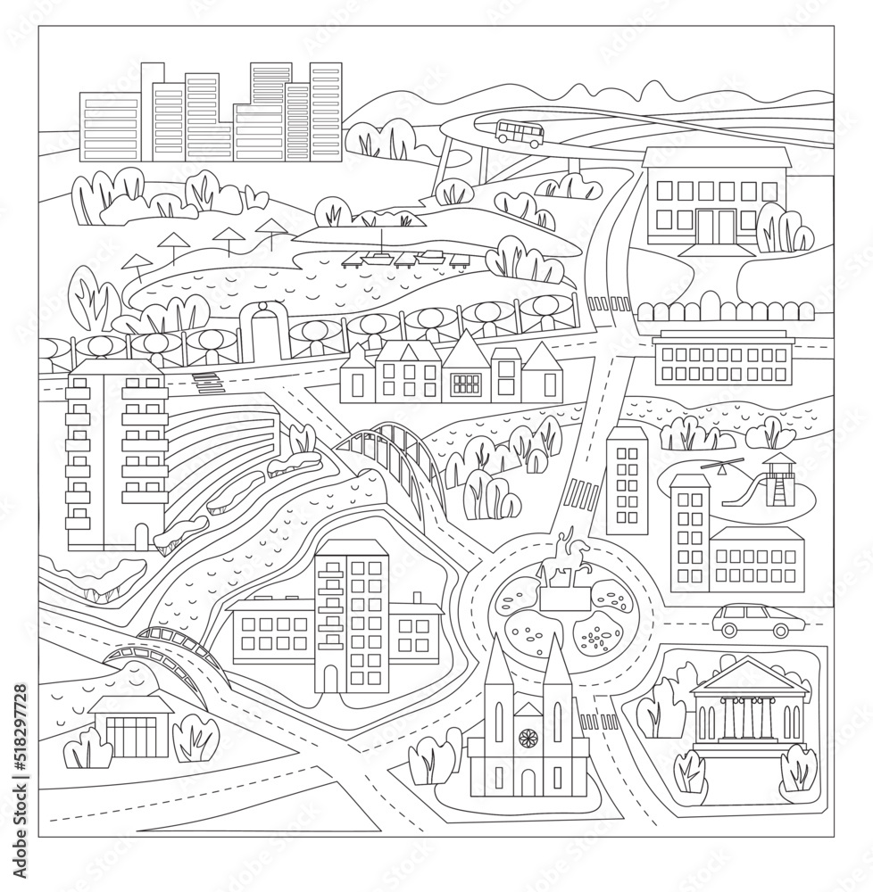 Coloring book page. Cartoon road, houses and bridge over the river. Game for children.