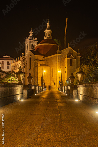 View of Amarante historic city in Portugal with the St. Goncalo church on Tamega River and Sao Goncalo bidge at night