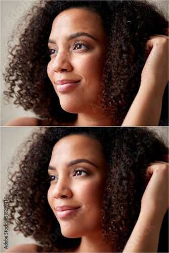 Composite Shot Showing Head And Shoulders Photo Of Woman Before And After Retouching photo