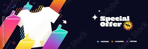 Clothes shop vector banner. Old fashioned retro styled colored clothes store vector coupon template. 90s style cloth store flier or web banner. Wear special offer store booklet