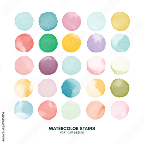 Set of colorful watercolor hand painted round shapes, stains, circles, blobs isolated on white. Illustration for artistic design