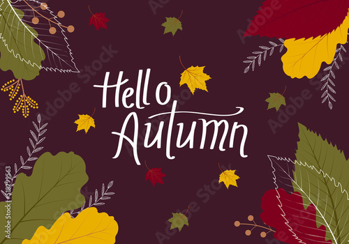 Flat hello fall background. Bright vector illustration with dark background.