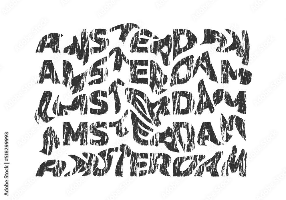 Amsterdam typography text or slogan. Wavy letters with grunge, rough texture. T-shirt graphic with ripple or glitch effect. Abstract print, banner, poster, emblem design. Vector illustration.