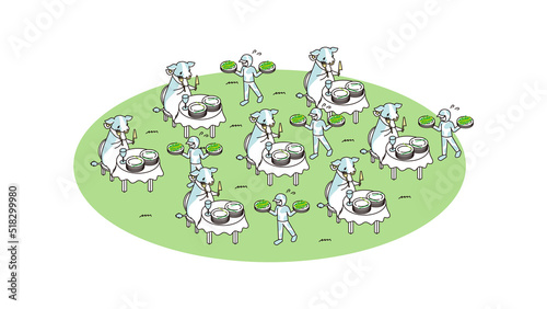 牛に餌をあげて育てている酪農家のアイソメイラスト