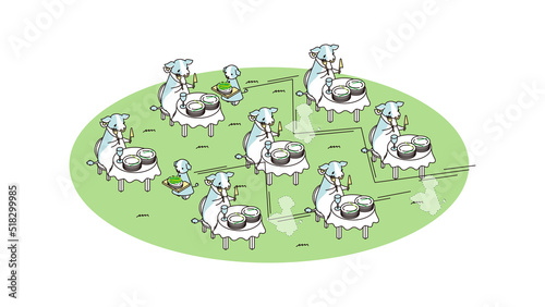 牛に餌をあげて育てているロボットのアイソメイラスト