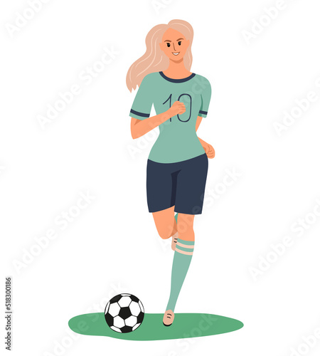 Smiling girl soccer player running kicking a ball with the number 10 on a t-shirt. Front view. Woman playing football. Colorful female character isolated on white background. Vector illustration.